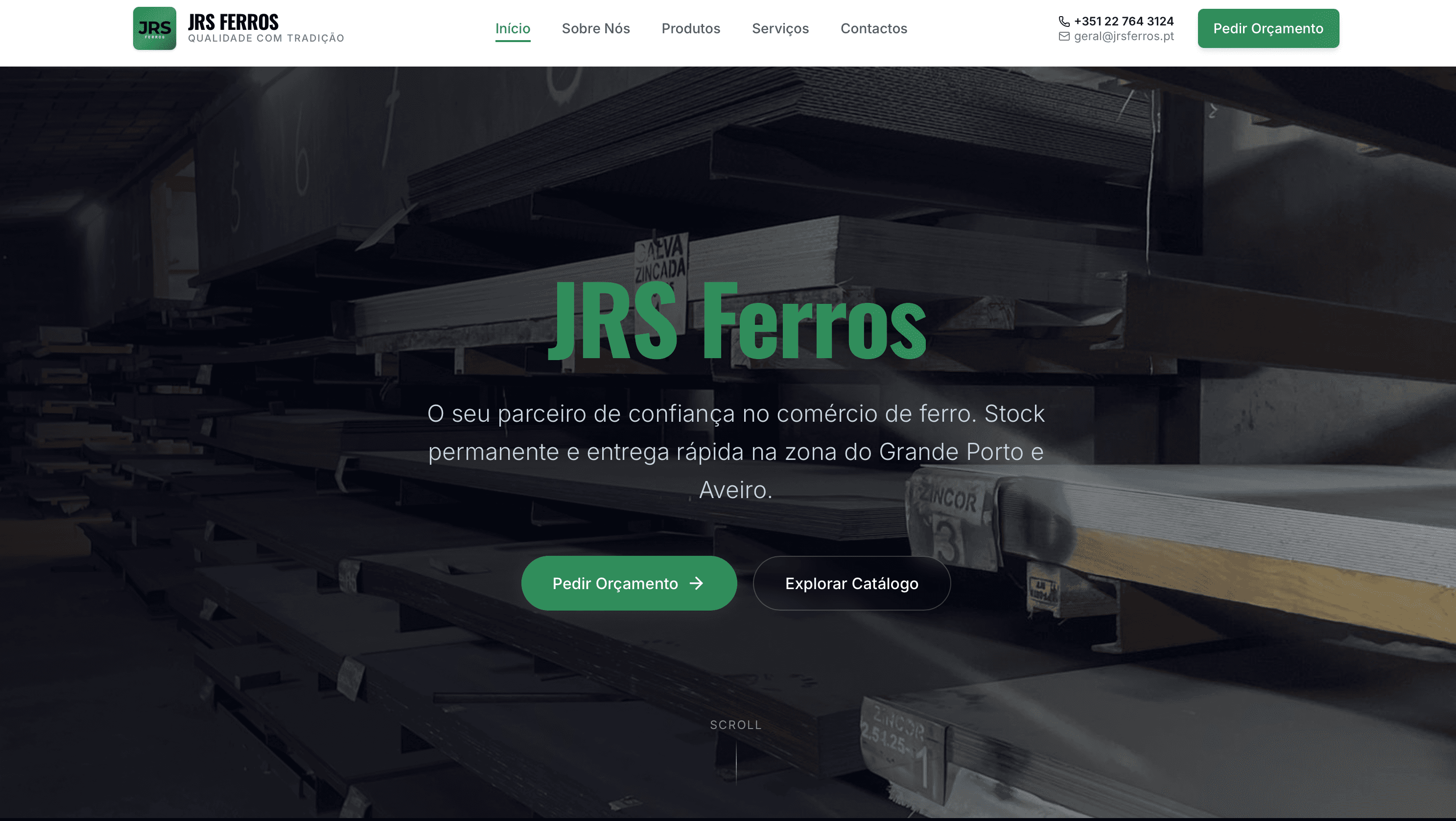 Página inicial do site da JRS Ferros