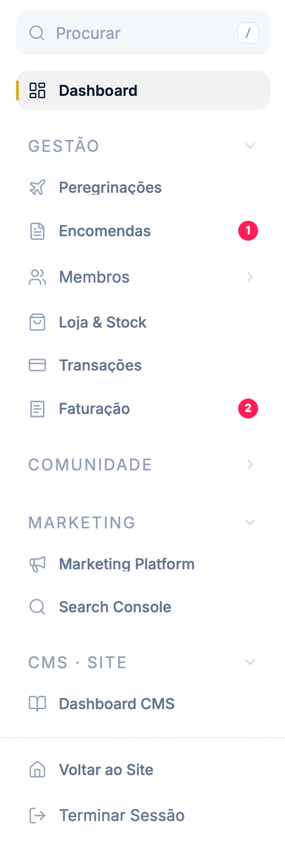 Navegação do painel de administração