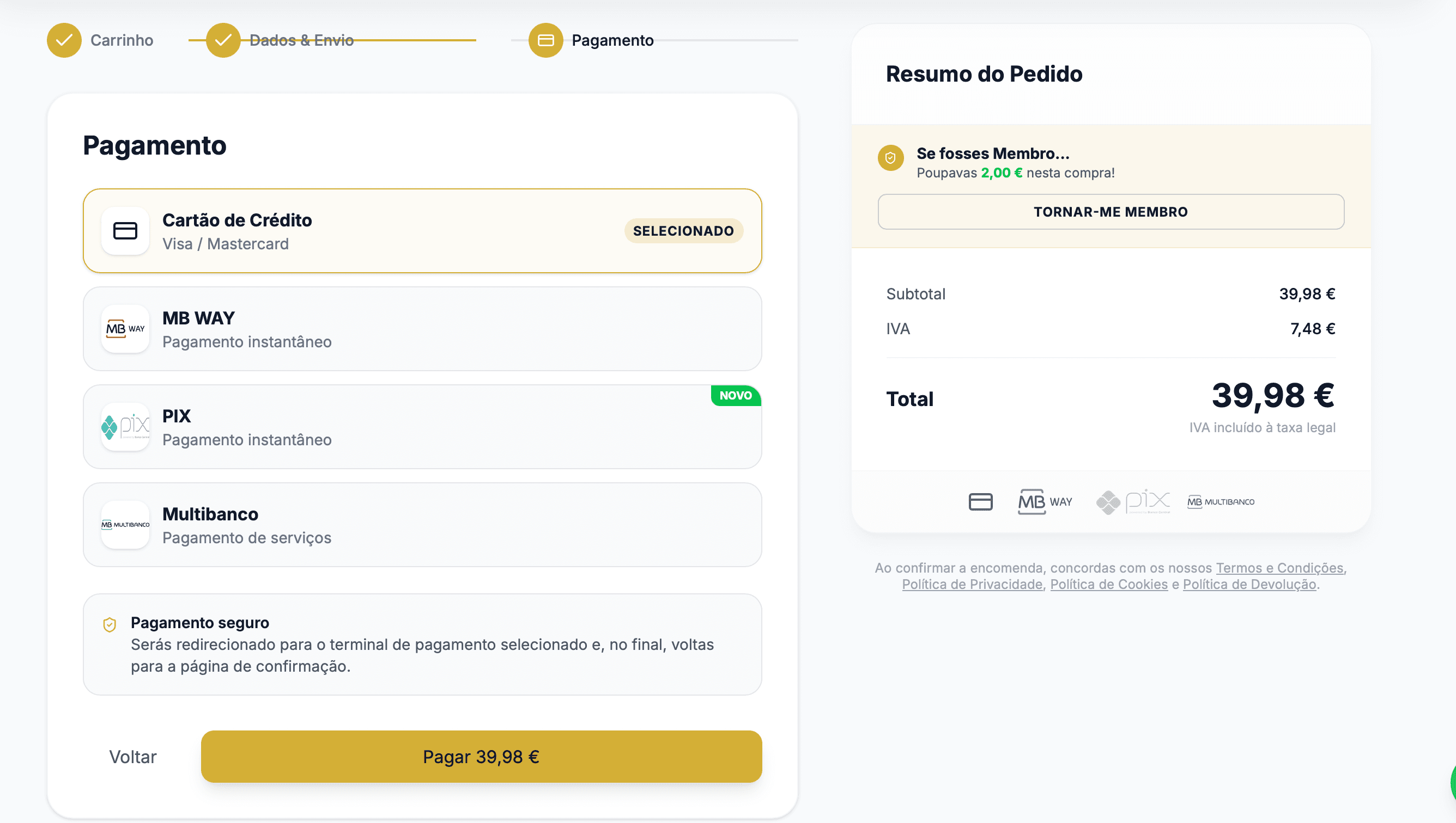 Checkout com escolha do método de pagamento