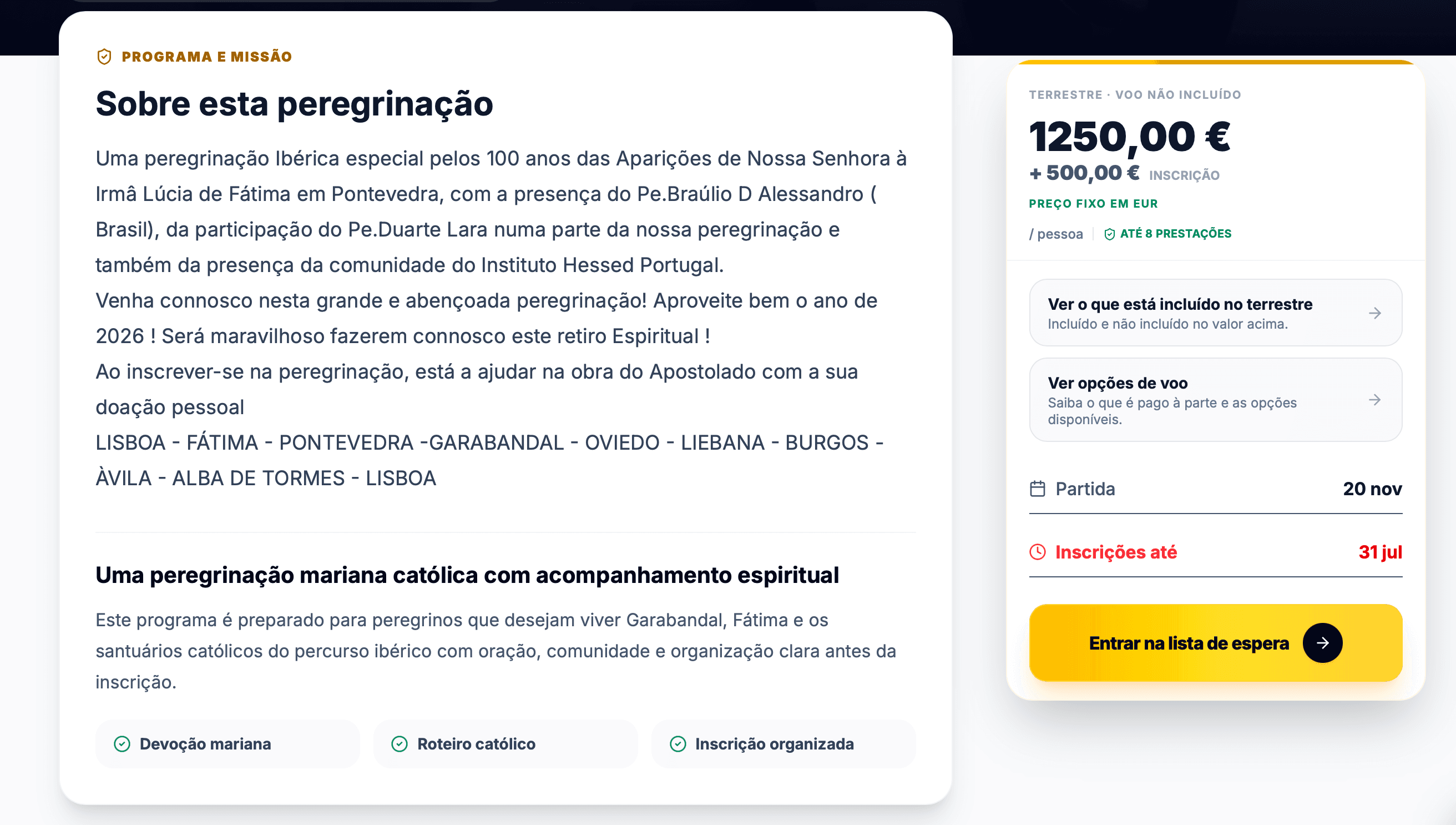 Página de uma peregrinação com pagamento em prestações