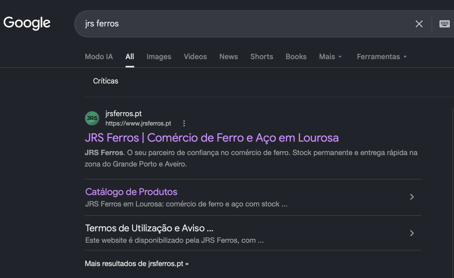 Resultado da pesquisa no Google por JRS Ferros